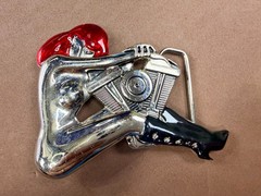 Woman Hugging V-Twin Engine with Red Enamel Hair Novelty Figural Belt Buckle