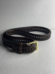 Brown Braided Bonded Leather Belt 36/90 Gold Tone Buckle Men Woven