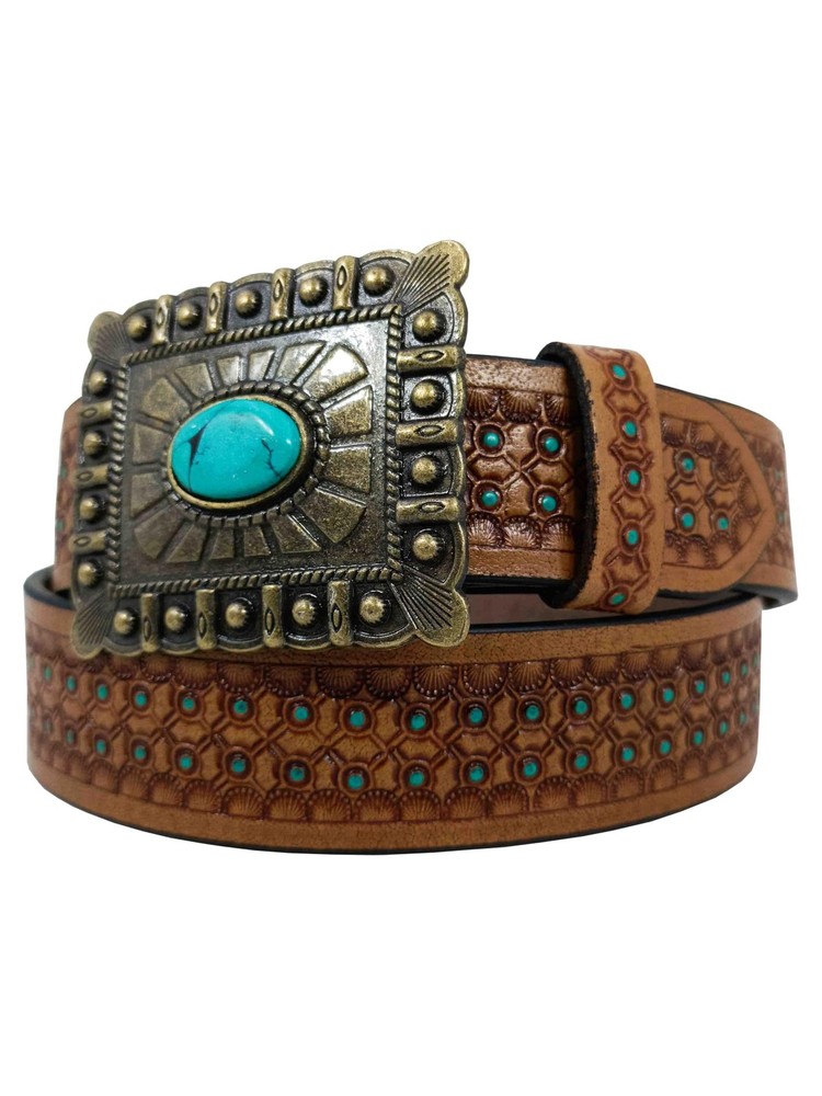 Paul Walter Antique Brass Concho Buckle with Turquoise Large (36-38), Brown