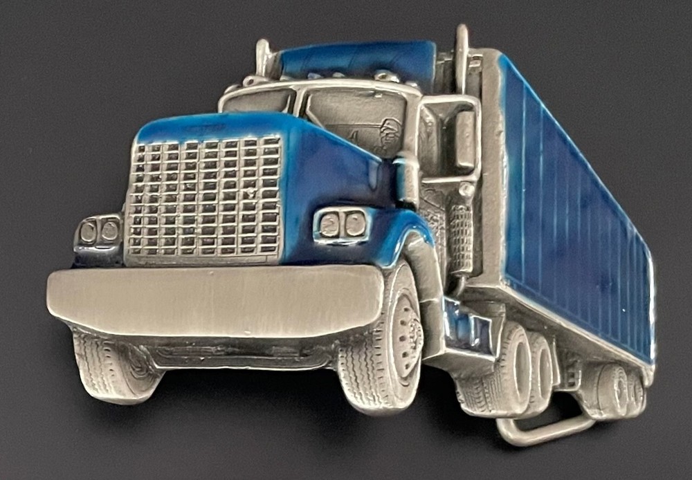 Truck Driver Belt Buckle Big Rig Semi Trucks Blue Enamel Trucker Silver Toned
