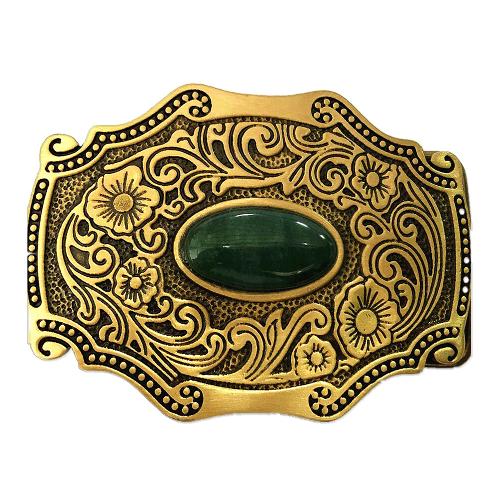 Grass & Jade Solid Brass Mens Belt Buckle Western Cowboy Vintage Antique