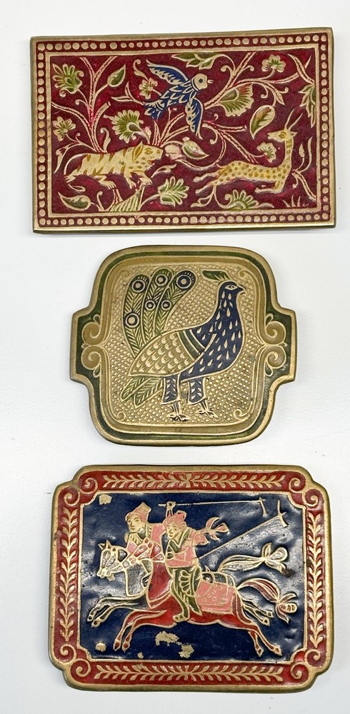 3 Handmade India Brass Belt Buckle Geometric Brutalist Cloisonné Enamel Vintage