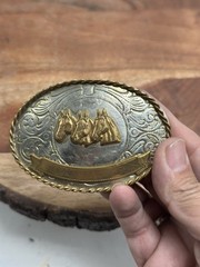VINTAGE Western German Silver / Brass Triple Horse Head Portrait Engraved Buckle