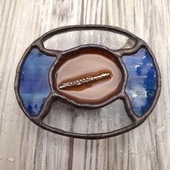 Vtg Stained Glass Flute Belt Buckle Handmade Copper Tone Blue Art Glass Artisan