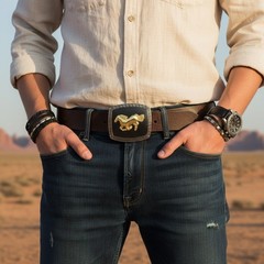 Men Casual Look Western Belt Buckle Silver Metal Square Gold Rodeo Horse Black