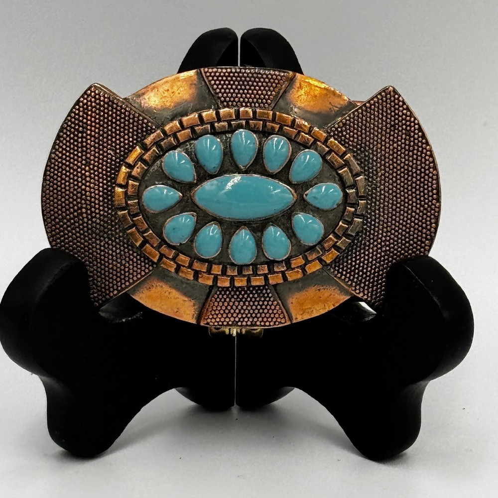 Western Belt Buckle Copper Silver Tone Faux Turquoise Southwestern Mixed Metal