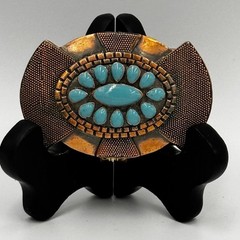 Western Belt Buckle Copper Silver Tone Faux Turquoise Southwestern Mixed Metal