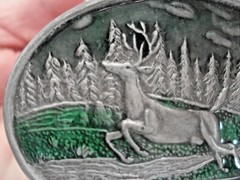 RARE Vintage Bergamot Bronze / Pewter Metal Jumping Deer/Elk Enamel Belt Buckle