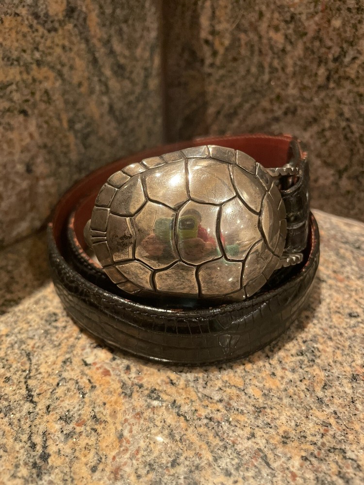 RARE!! Kieselstein Cord Silver Turtle Buckle With Black Lizard Belt Size 2