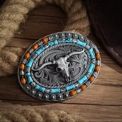 Steer Skull W/Horns Oval Belt Buckle Western Cowboy Engraved Silver Tone