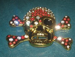 NEW Skull and Cross Bone Belt Buckle with RED Rhinestones & Gold Finish 4&Prime; Wide