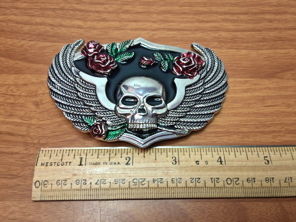 Winged Skull with Roses Metal Enamel Belt Buckle Silver Black Red fits 1.5&Prime; Belt