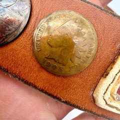 Mens Vintage Western Belt 29-34 Leather Brown Painted Coin Concho