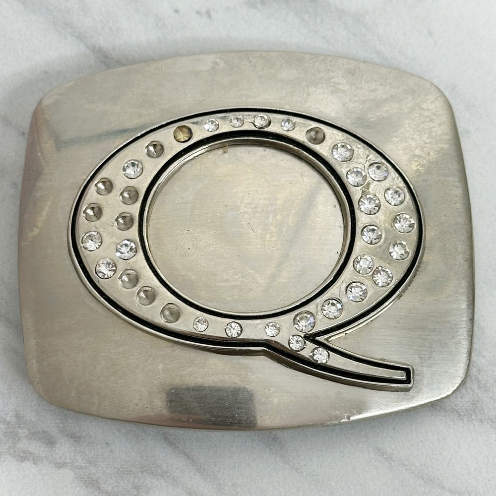Rhinestone Studded Q Letter Initial Monogram Silver Tone Belt Buckle