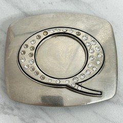 Rhinestone Studded Q Letter Initial Monogram Silver Tone Belt Buckle