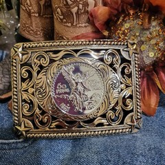 Centenario Cowboy Belt Buckle Western Rodeo Silver Rosetone Coin Rectangle