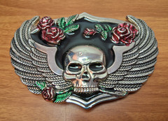 Winged Skull with Roses Metal Enamel Belt Buckle Silver Black Red fits 1.5&Prime; Belt