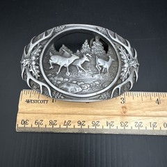NICE PEWTER 1990 C + J INC DEER SCENE AND ANTLER BELT BUCKLE MADE IN USA