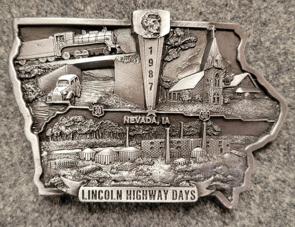1987 Lincoln Highway Days Nevada, Iowa Belt Buckle 3 1/2 x 2 1/2&Prime; Pewter