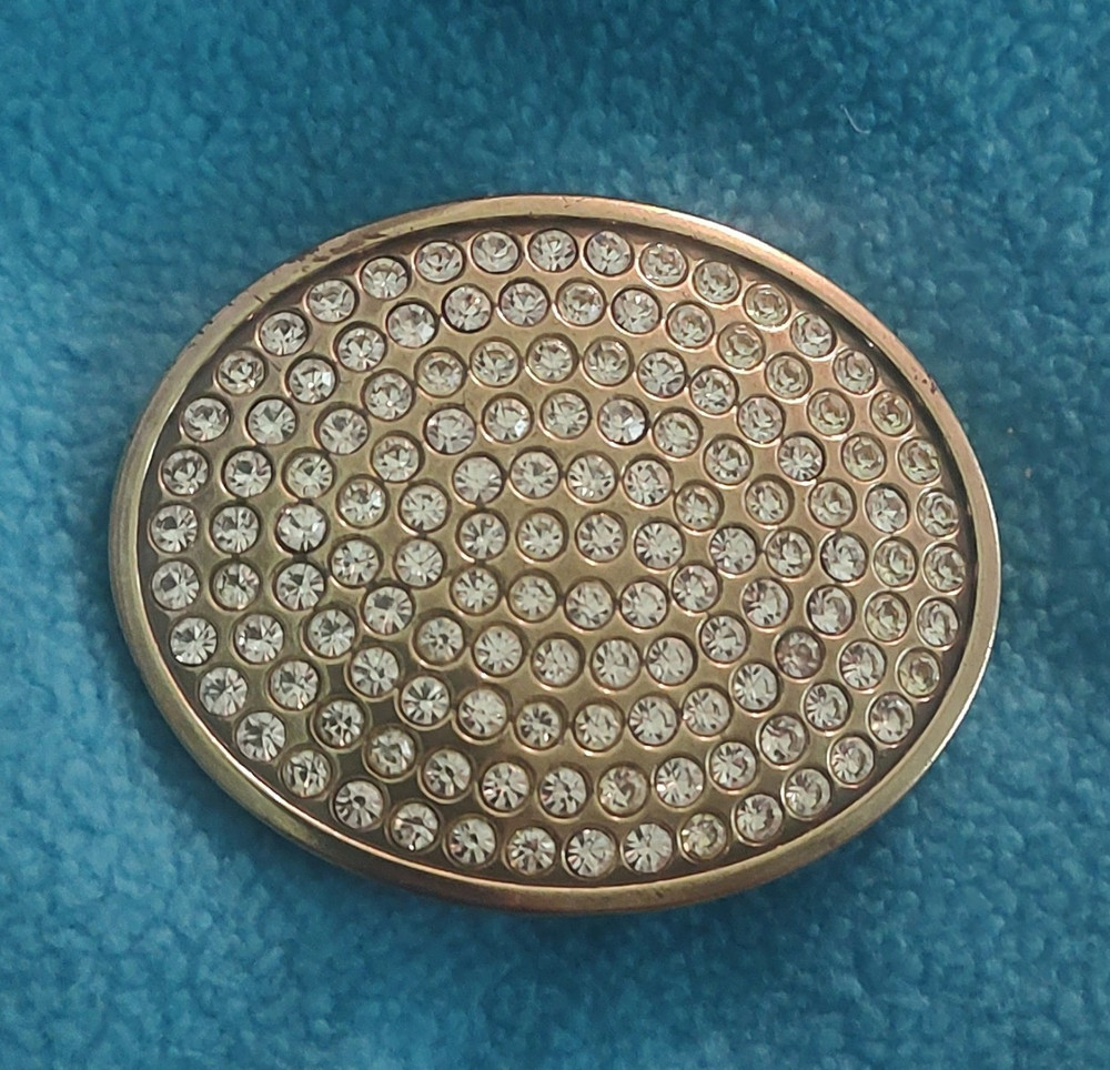 Vintage 90s Brass Oval Rhinestone Bling Clip Belt Buckle, Fits 1.5 in Belt