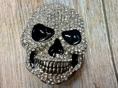 Creepy Skull Grinning Teeth Black Enamel Clear Rhinestone Covered Belt Buckle