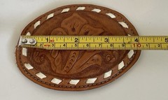 Oval Genuine Floral Leather Belt Buckle Multi-Colored Tan Brown White