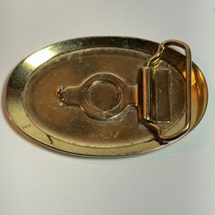 Gold Tone Oval Belt Buckle Die Cast Train Locomotive Yellow Blue