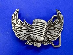 Retro Microphone Flying Mic & Wings Rock Music Silver Color Cutout Belt Buckle