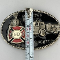 AMERICA&rsquo;S BRAVEST FIRE FIGHTER Belt Buckle 1986 FD Fire Truck Black Red Enamel