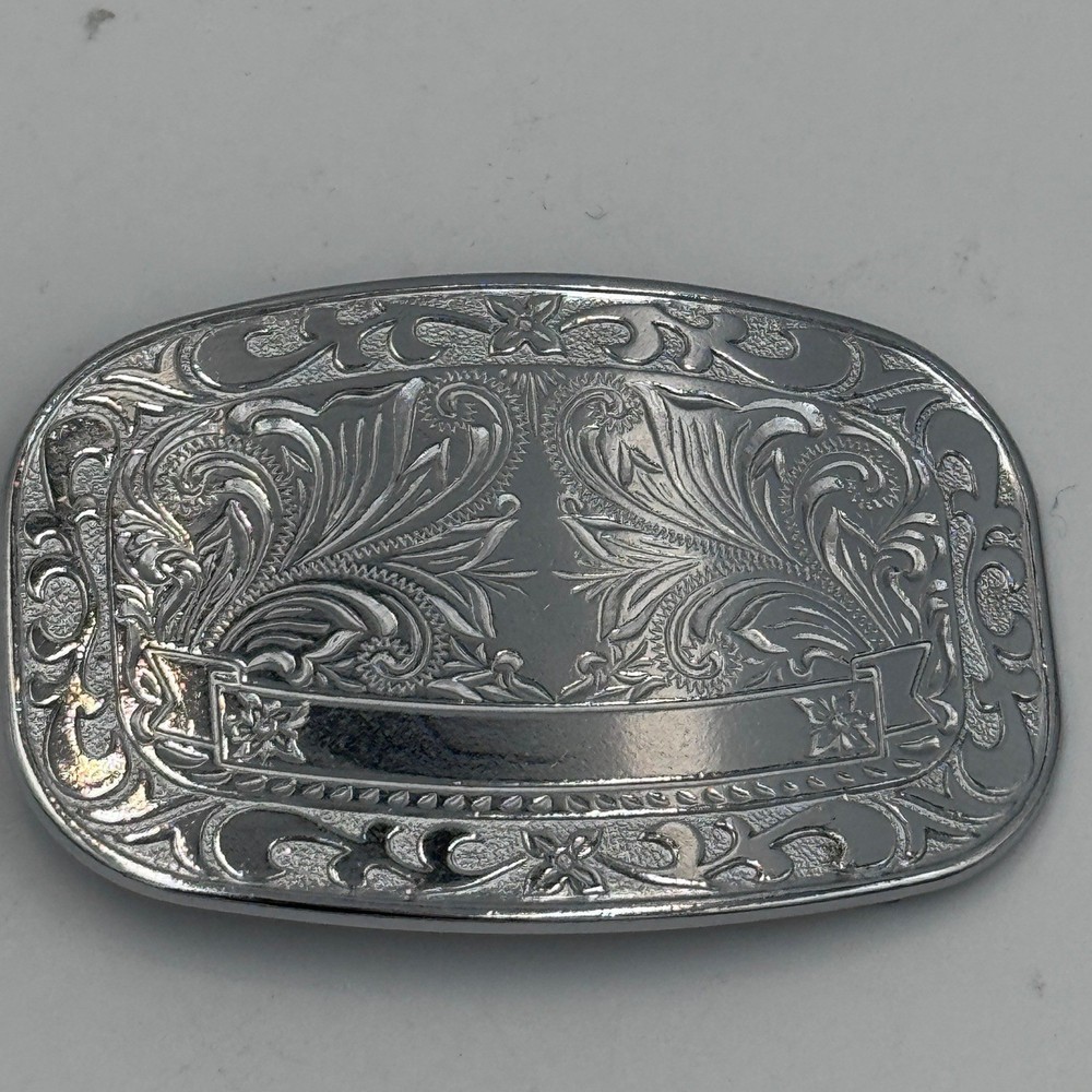 Western Floral Engraved Silver Tone Oval Belt Buckle Cowboy Scrollwork Design