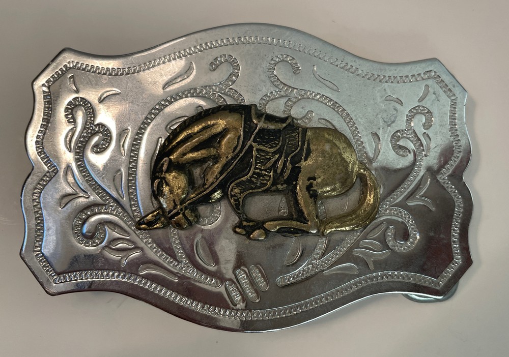 Vintage Western Style Chrome Belt Buckle Brass Bucking Bronco Horse HONG KONG