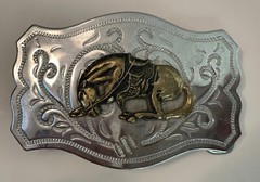 Vintage Western Style Chrome Belt Buckle Brass Bucking Bronco Horse HONG KONG
