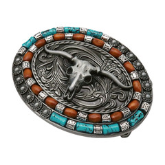 NEW Men Dark Silver Metal Belt Buckle Western Fashion Bull Long Horn Oval Shape