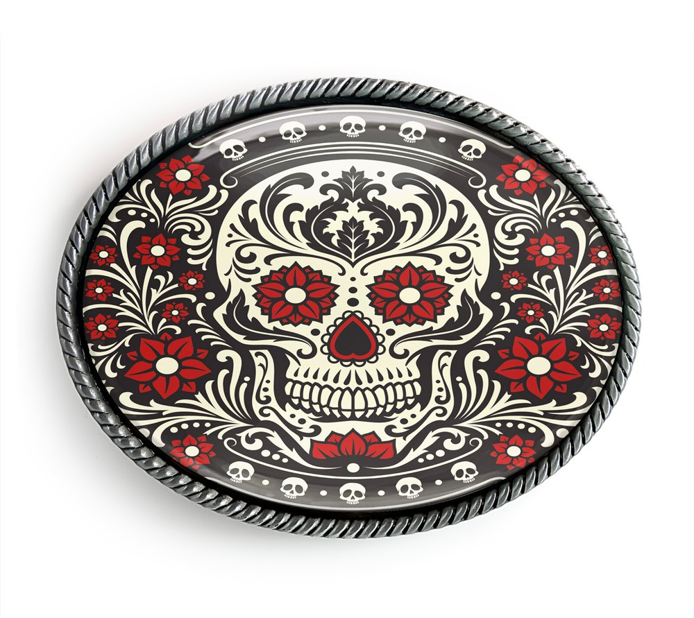 Ornate Dia De Muertos Belt Buckle – Mexican Day of the Dead Skull Buckle – 78
