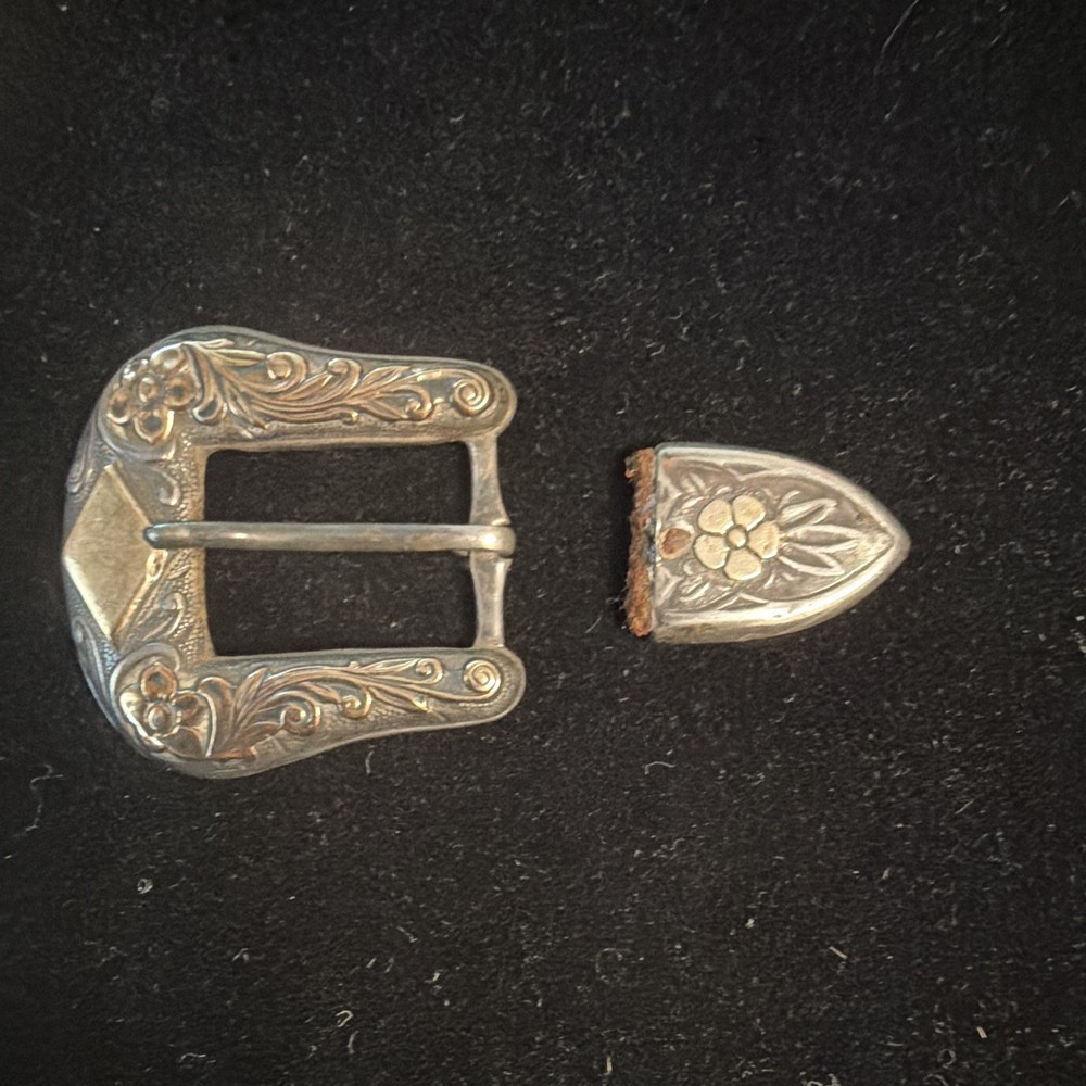 Vintage 10k & Sterling Silver Engraved Floral Western Belt Buckle Antique Finish