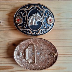 BIG Horse oval stone flowers western black & gold belt buckle (choice designs)