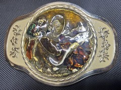 MBCI Belt Buckle Mens Gold Tone Western Cowboy Rodeo Roping Longhorn Enamel