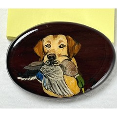 Vintage Hand Painted Wood Belt Buckle Yellow Labrador Retriever Mallard Duck Dog