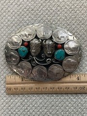 Vintage Belt Buckle, Double Buffalo, 10 Nickel, Turquoise Coral USA Southwestern
