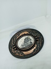 Vtg. 1970s Sailing Ship Belt Buckle W Birds. Brass Plated Metal. Ornate Edges.