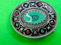 Southwestern Tribal Pattern Blue Red Enamel Colored Belt Buckle in New Condition