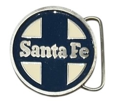 Santa Fe Railway Belt Buckle 2.5&Prime; Round Silver Navy Cream Enamel Train Logo
