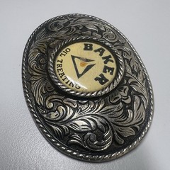 Baker Oil Treating Belt Buckle Vintage Western Floral Oval Silver Tone