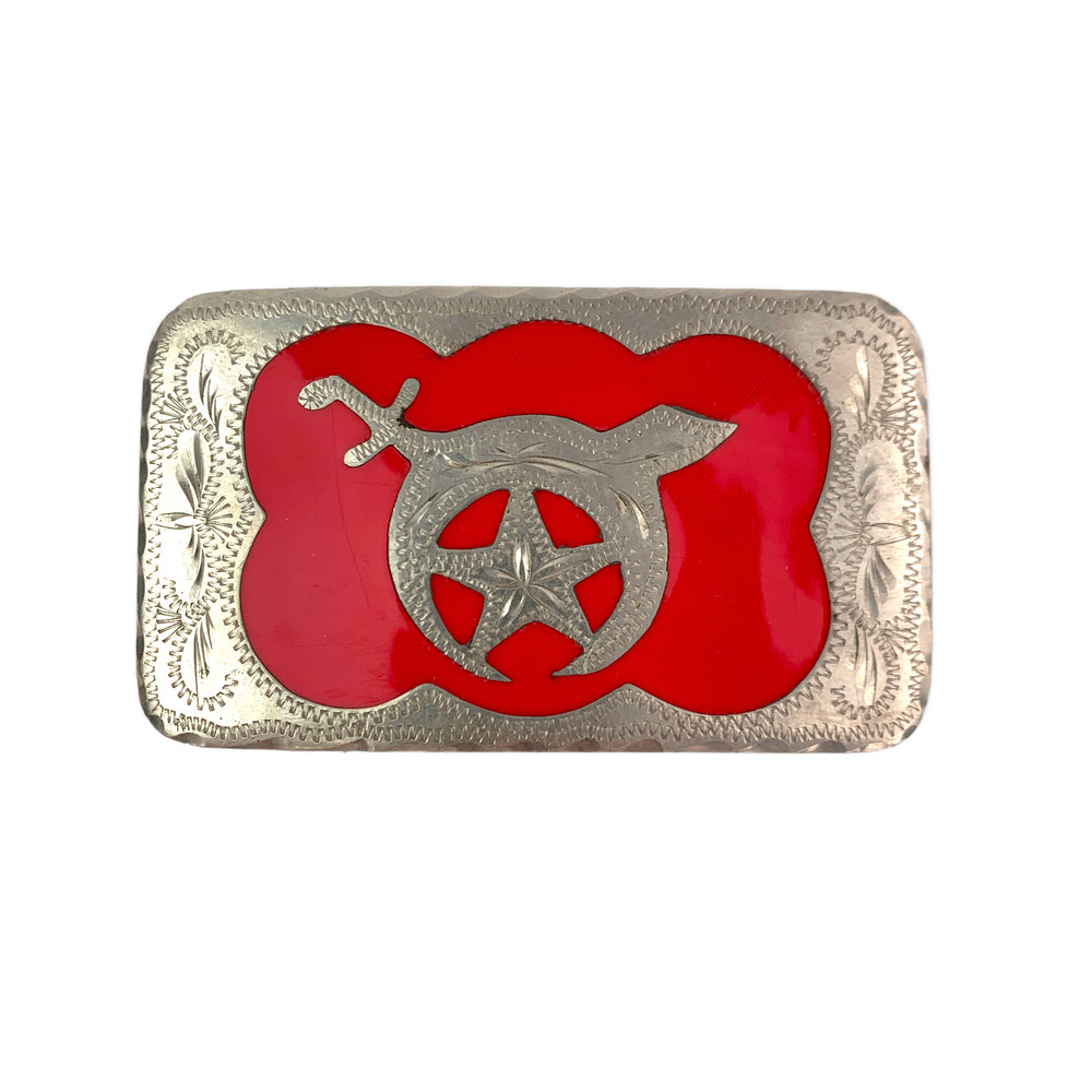 Shriner Masonic Western Flair Belt Buckle Red Silver Hand Engraved