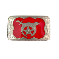 Shriner Masonic Western Flair Belt Buckle Red Silver Hand Engraved