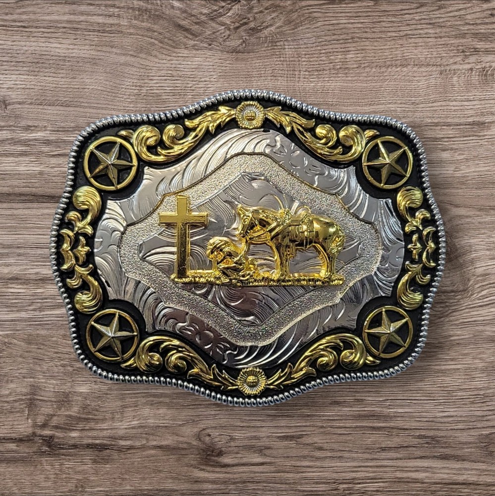 Christian Cowboy and 4 Stars Belt Buckle For Man 4.25&Prime;x3.25&Prime; Silver/Black/Gold