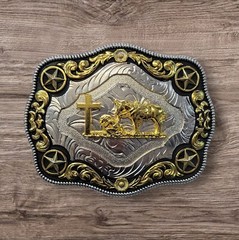 Christian Cowboy and 4 Stars Belt Buckle For Man 4.25&Prime;x3.25&Prime; Silver/Black/Gold