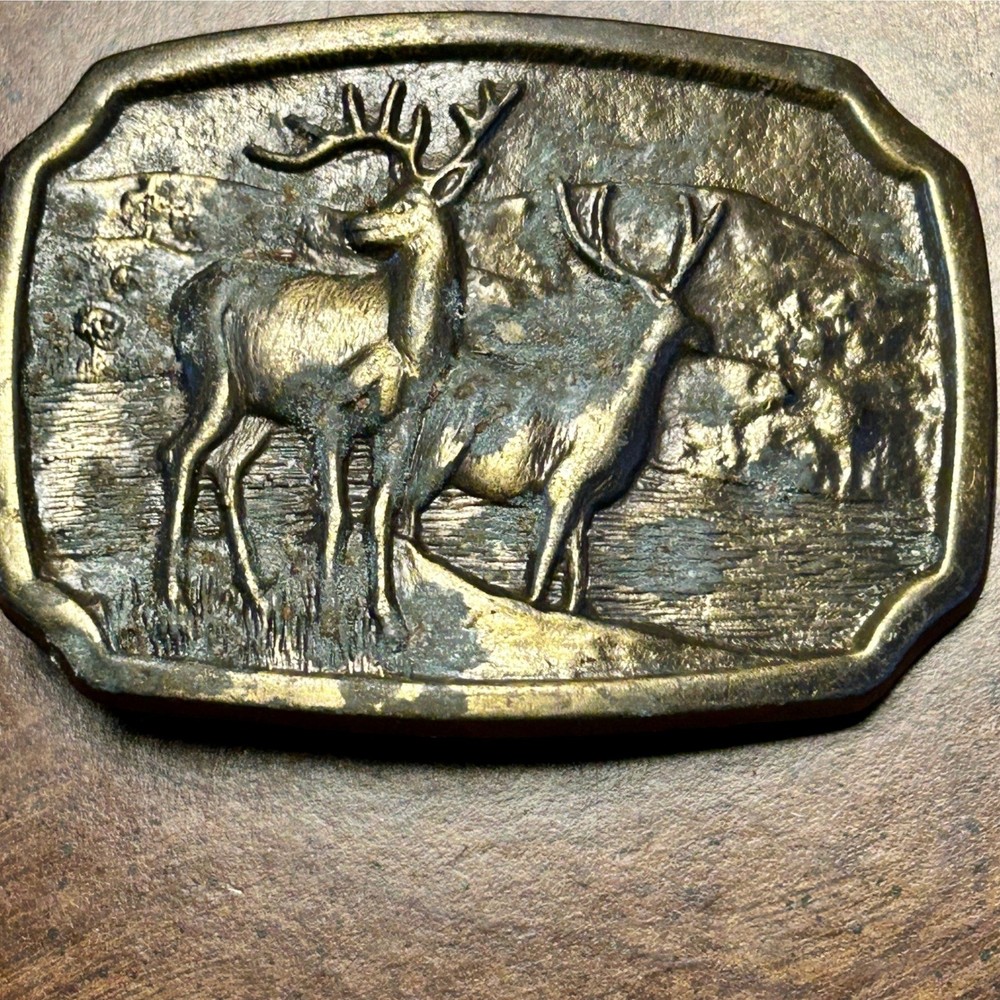 Belt Buckle Mens OS Brass Vintage Deer Wildlife Hunting Fair Outdoor