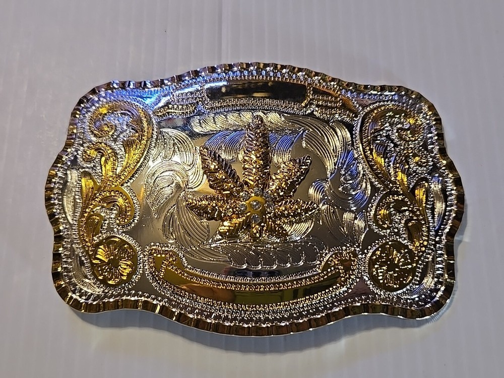 GOLD & SILVER (IN COLOR ONLY) LARGE RODEO WESTERN MARIJUANA Metal Belt Buckle