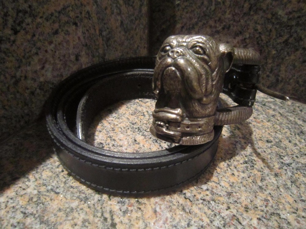 KIESELSTEIN CORD STERLING BULLDOG BUCKLE AND BLACK LEATHER BELT SIZE 2